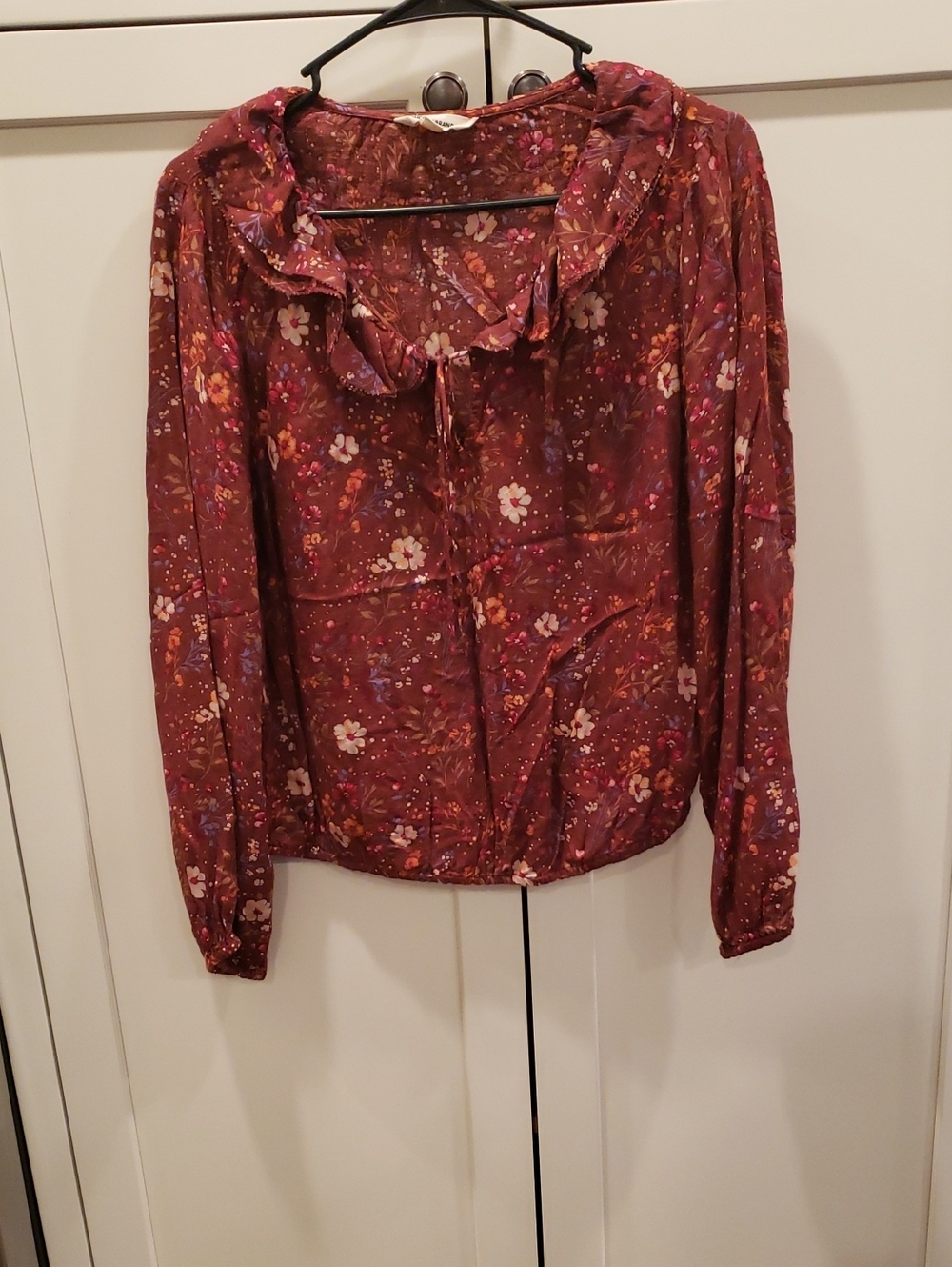 Lucky Brand Maroon Floral Ruffle Tie-Neck Blouse